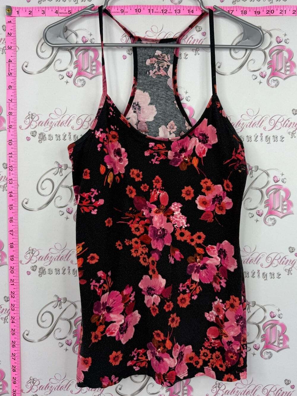 Garage tank top Black Tank Top with Pink Floral Print